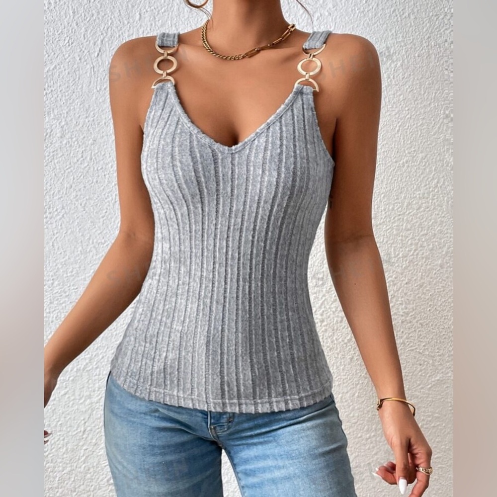 Grey Privé Gold O-ring Detail Ribbed Knit Tank Top Small